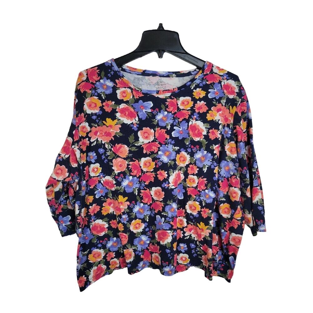 Kim Rogers Blue‎ Pink Floral Perfectly Soft 3/4 Sleeve Colorful Top Size 2X